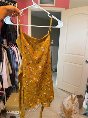 Floral Spaghetti-Strap Slip Dress in Mustard